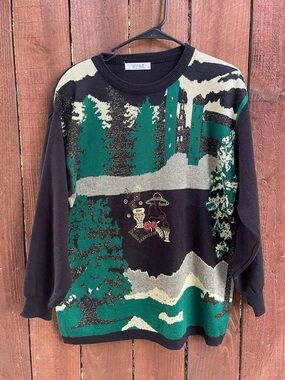 Vintage 90s Nature Knit Sweater Scenic Novelty Forest Pullover Sz L